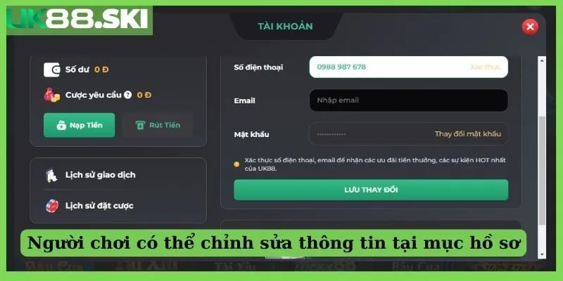 Người chơi có thể chỉnh sửa thông tin tại mục hồ sơ