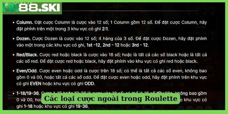 Các loại cược ngoài trong Roulette